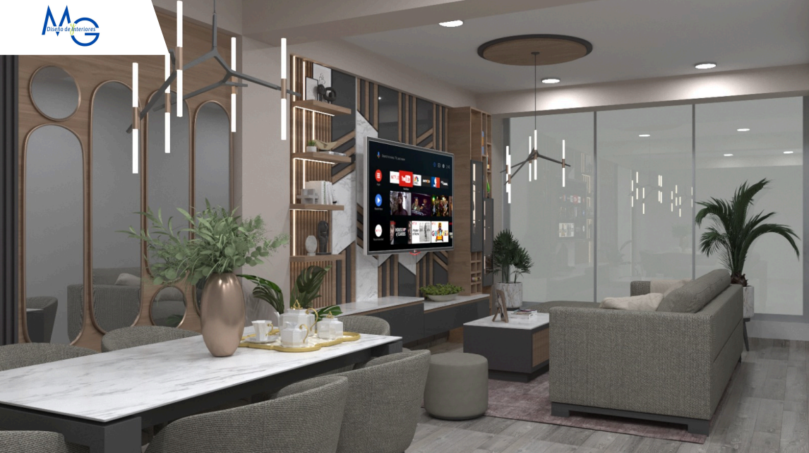 Sala comedor con panelería, mármol y centro de entretenimiento