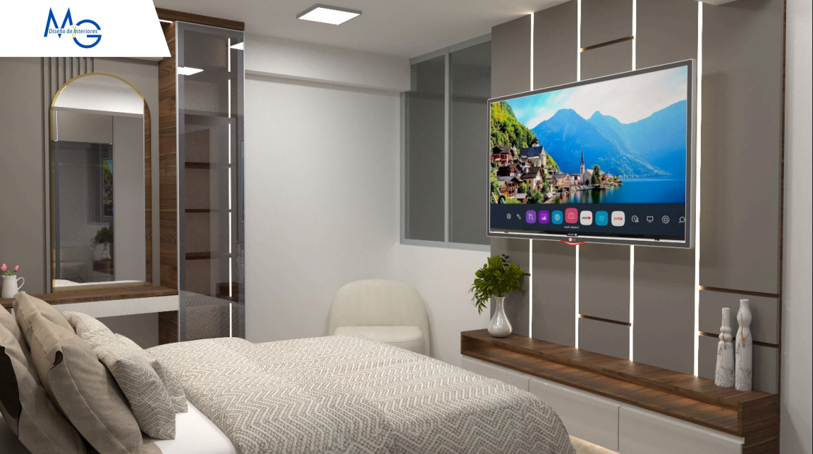 Dormitorio principal con panel TV y tocador integrado