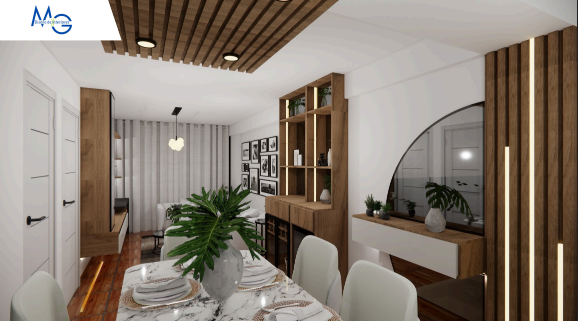 Ambiente social con carpintería fina y acentos arquitectónicos