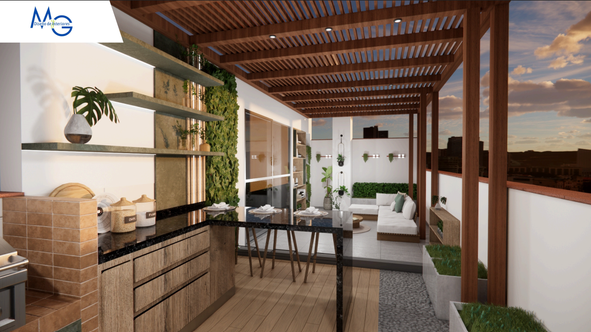 Terraza con pérgola, barra y área social exterior