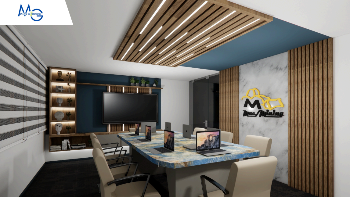 Oficina ejecutiva con mesa protagónica y detalles en piedra