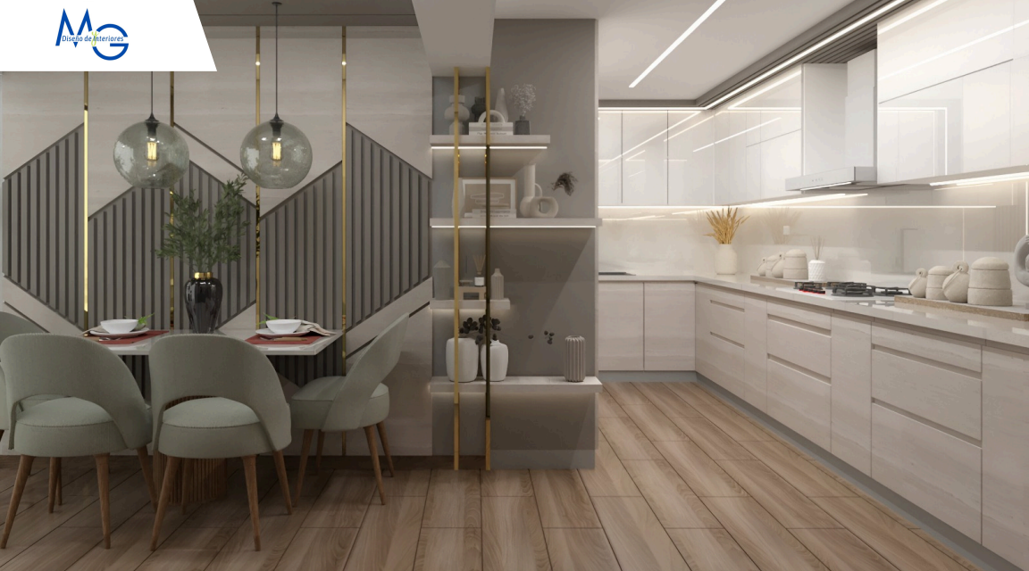 Cocina abierta con comedor integrado y líneas limpias