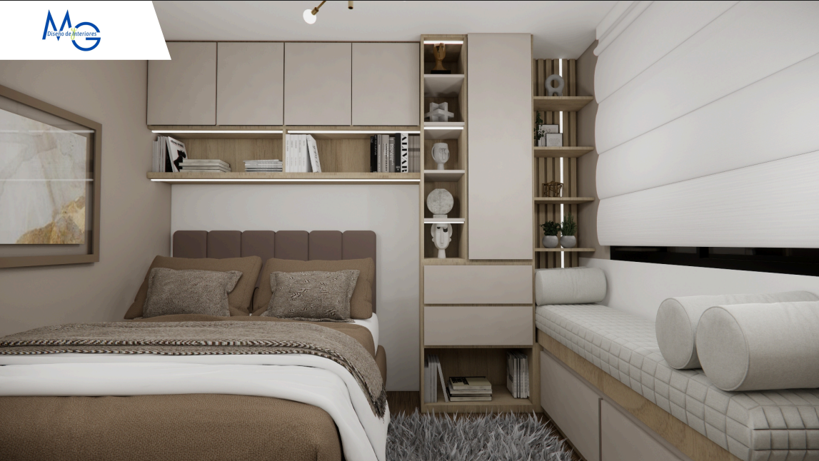 Dormitorio a medida con almacenaje, banca y composición serena